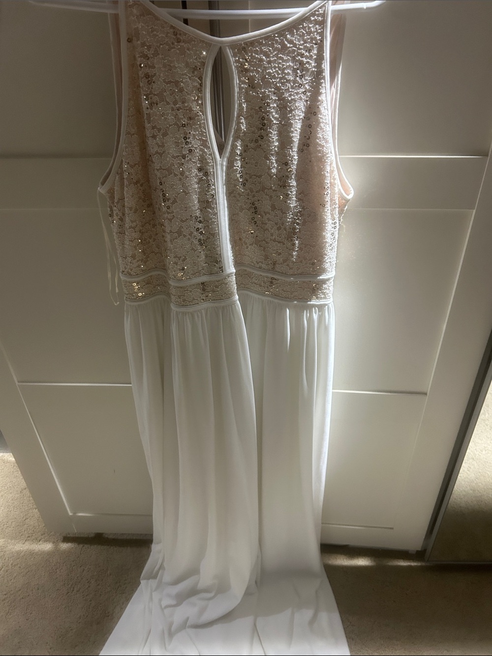 Morgan & Co. White Jersey Maxi with Champagne Sequin Bodice